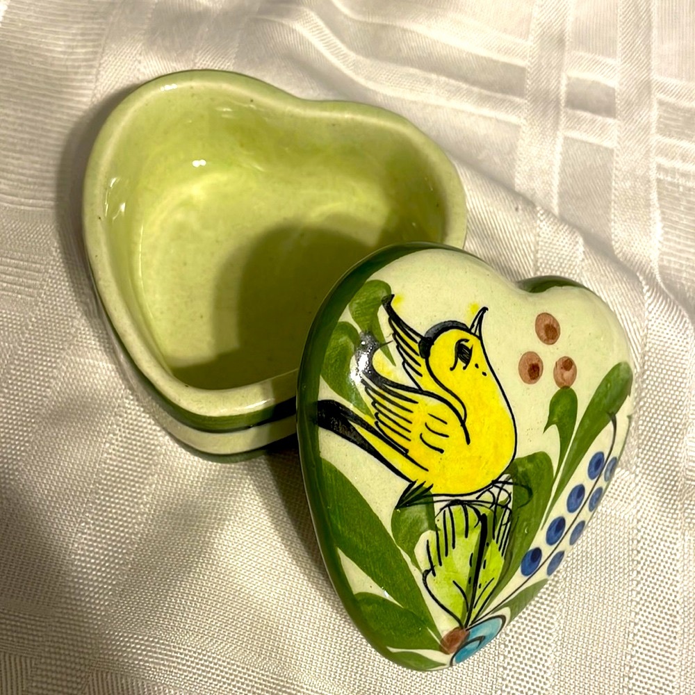 Heart shaped ring box, trinket holder with lid, hand painted signed by artist